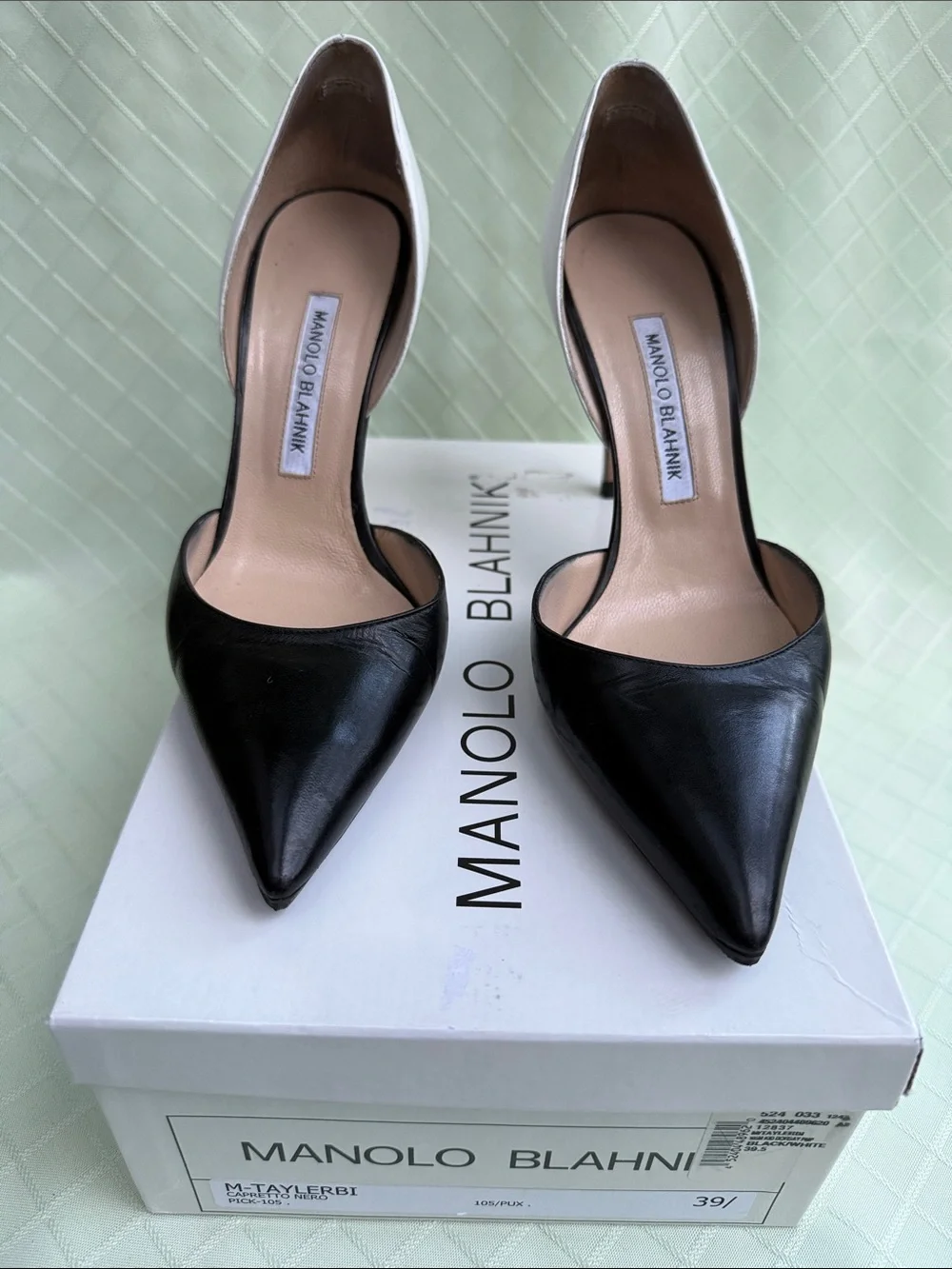 Manolo Blahnik Black and White Pointed D'Orsay Stiletto Pumps in the Box